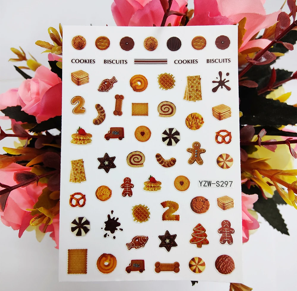 

Cute Cookies Biscuits 3D Nail Sticker Sliders Decals Design Self Adhesive Stickers for Nails Decorations Manicure Accessories