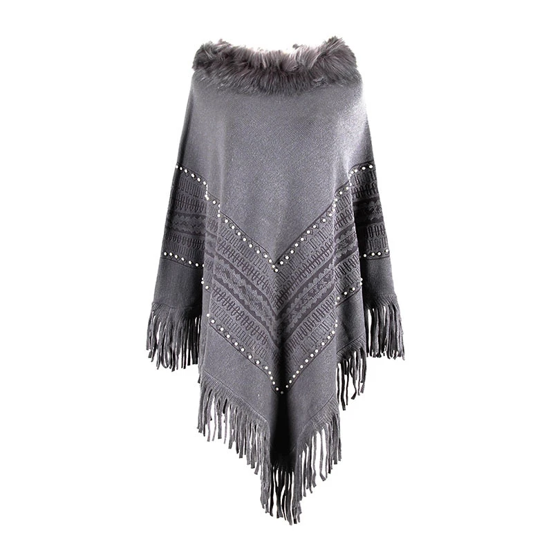 

Spring/autumn Winter New Women's Clothing Fringed Shawl Cloak Fur Collar Beaded Female Tassel Sweater Poncho Fashion