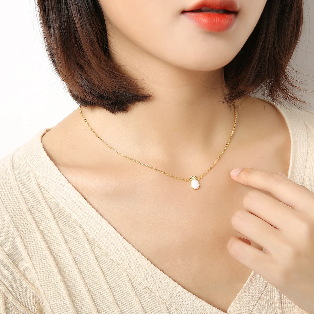 

Cute Sweet Pineapple Necklace White Opal Pendant Stainless Steel Long Chain Christmas Ornaments Woman Jewelry Birthday Gift