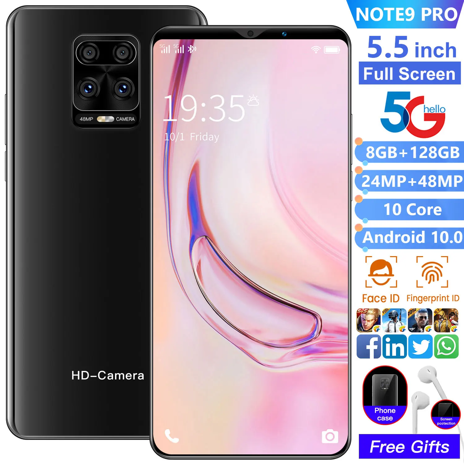

Global Version Note 9 Pro-5.5 Inch Smartphone 8+256GB Full Screen 10 Core Android 10 Cellphone 48MP Face Unlock 5G Network Phone