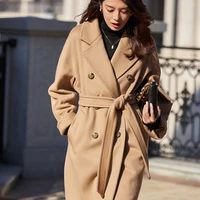high end woolen coat european and american cashmere blends female long sleeve beige overcoat with belt solid double breasted