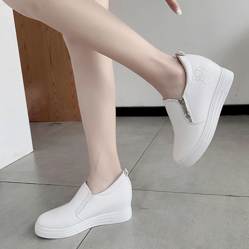 

Casual Shoes Woman Sneakers Women Shoes Slip on Zipper Breath Leather Flat Platform Shoes Loafers Increase Ladies Shoes