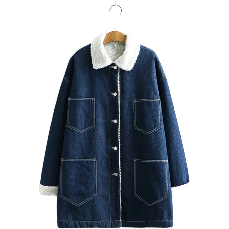 Winter Mori Girl Style Mid-Length Student Loose Fleece Thick Denim Coat Women Pockets Basic Jackets Outerwear Coats 2011488