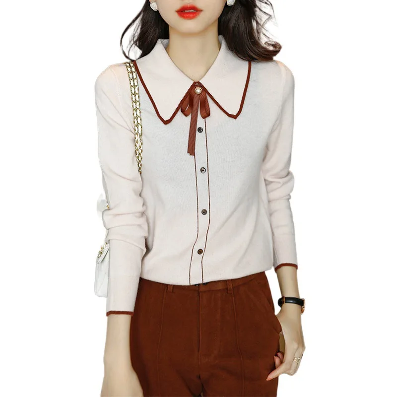

French knitted cardigan women's 2021 autumn new small fragrance temperament loose and thin polo collar long sleeve top thin
