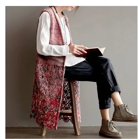 Ретро Женский этнический богемный цветок крючком длинный жилет кардиган Mori Girl