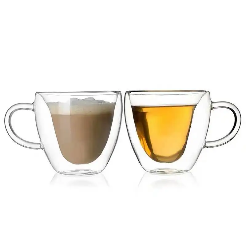 

2PCS/LOT Heat Resistant Double Heart Shaped Glass Coffee Mug Mug Mug Mug Handmade Glass Mug Lovers Coffee Milk Juice Mug