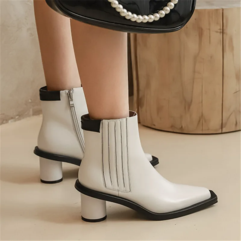 

2020 Fashion Black Women High Heel Shoes Autumn Winter Genuine Leather Ankle Boots Female Motorcycle Short Casual Chelsea Boots