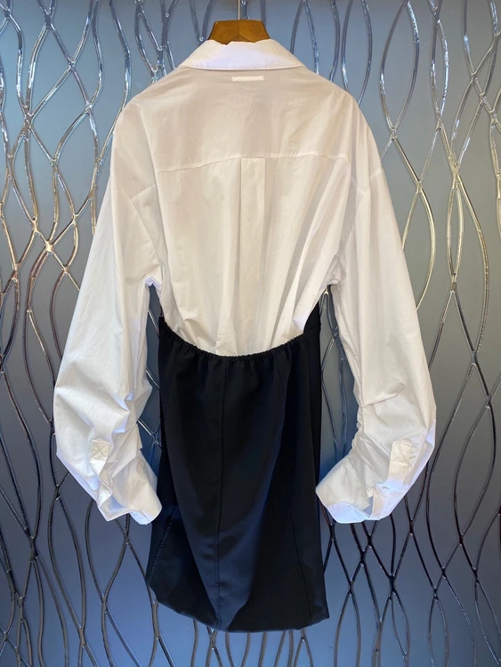

2021 spring and summer new women's Lapel irregular color matching decorative fashion long sleeve dress 311