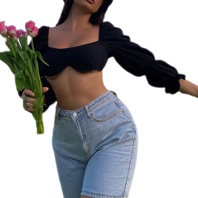 Женский облегающий Топ с длинным рукавом однотонный топ буффами на рукавах весна