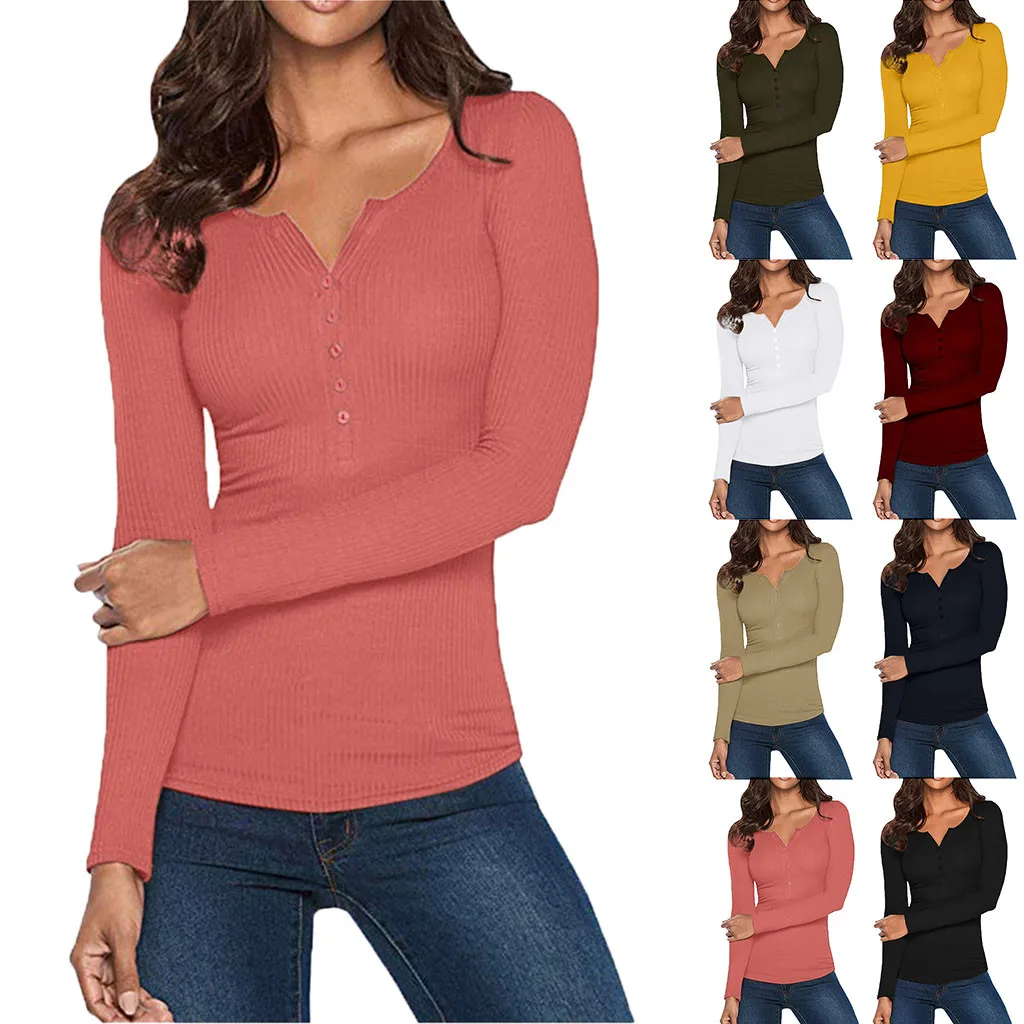 

v neck t shirts for women deep solid Slim Fit Shirts Fashion Casual Long Sleeve Solid Button Down Basic Tops Tees Shirts