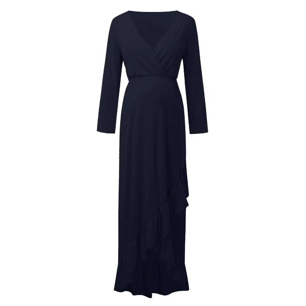 Женское платье для беременных с оборками длинным рукавом и v-образным вырезом