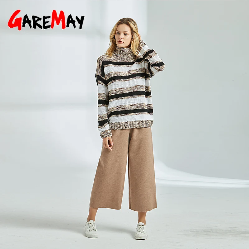 Женский свитер с длинным рукавом и высоким воротником свободный в полоску