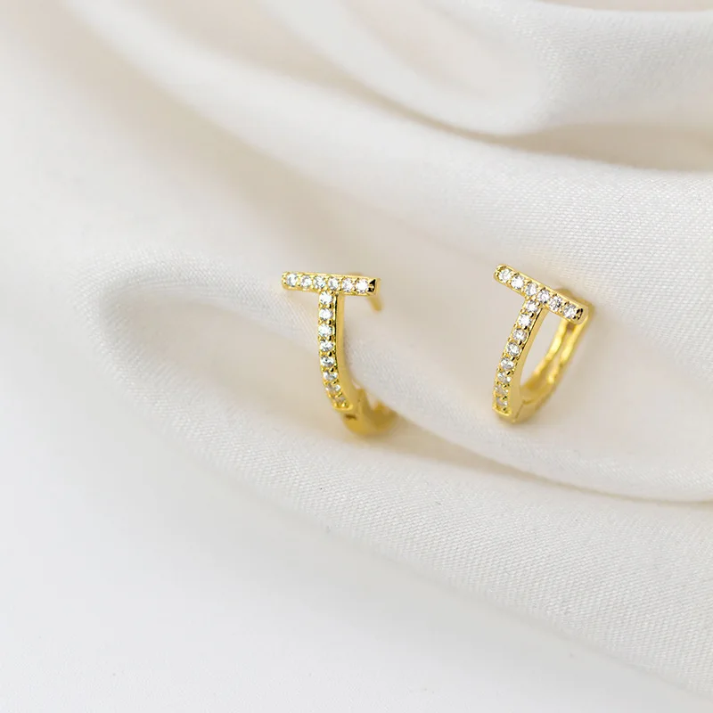 925 стерлингового серебра Золотой T Форма цирконием серьги в виде колец с
