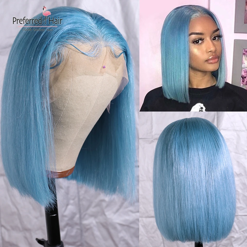 Light Blue Предпочтительный светильник, синий парик, бразильские волосы remy, фиолетовый парик на кружеве, предварительно выщипанные, бесклеевые, короткие человеческие волосы, парики для черных женщин - Цвет: Light Blue