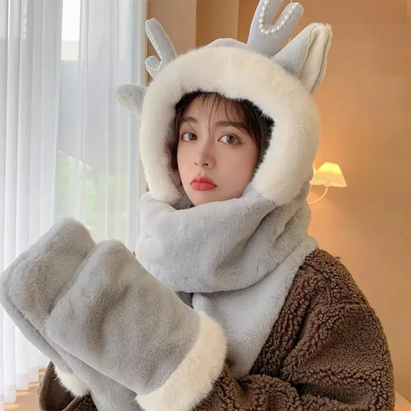 

Женская зимняя шапка ZHUOY новый шарф шапка перчатки все в одном из трех частей корейские милые кошачьи ушки подходящие цвета плюшевый капюшо...