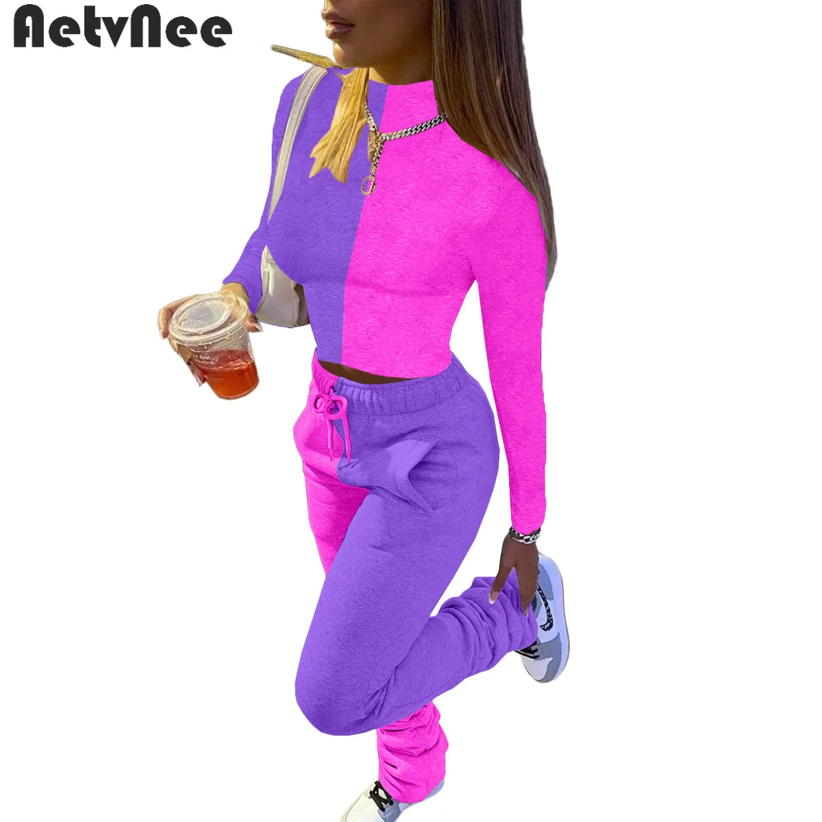

Patchwork Matching Set Women Fall Turtleneck Full Sleeve T-Shirts Tops Pocket Drawstring Pile Up Pant Sets Sporty Casual Outfit
