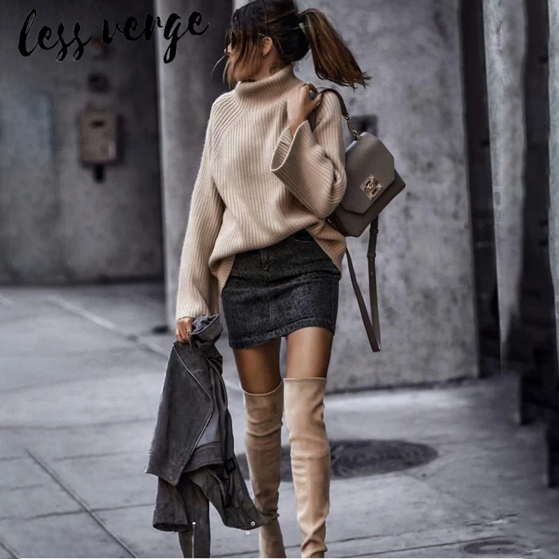 lessverge Khaki knitted christmas sweater women Long sleeve turtleneck korean winter Loose warm long pullover jumper | Женская одежда