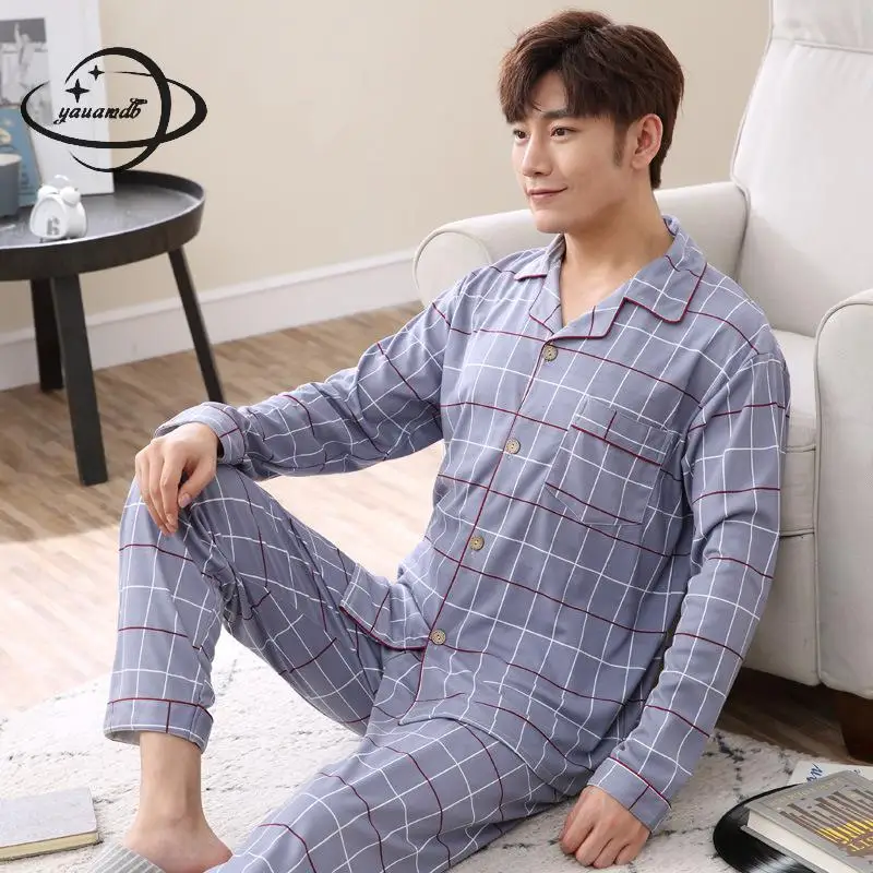 Size L-3xl Mens Pajama Sets Spring Autumn Male Sleepwear Suits Clothing Coat+pants 2pcs Elastic Waist Plaid Man Clothes H39