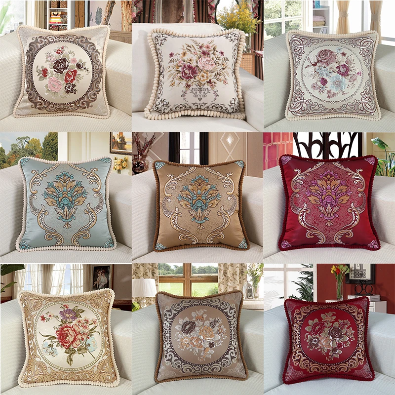 

European Luxury Cushion Cover Floral Embroidered Pillow Case Home Decor Cushions For Sofa Living Room 50*50cm Throw Pillow Cover