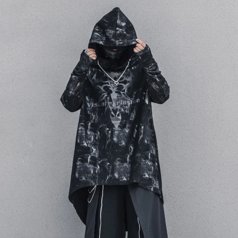 

2021 Men Hooded Sweatshirt Black Printed Irregular Cape Jacket Hip Hop Fashion Long Sleeve Fleece Function Wind Tops Cape Coats
