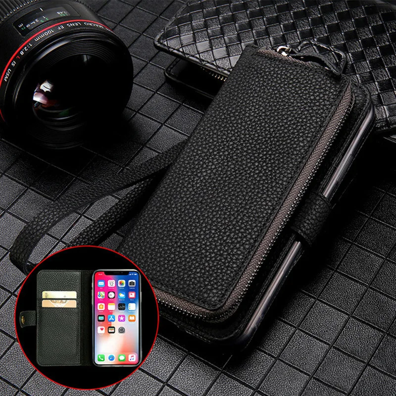 

Роскошный чехол-книжка из натуральной кожи с подставкой и молнией для iPhone 6 6S 7 8 Plus X XR XS Max 11 Pro Max