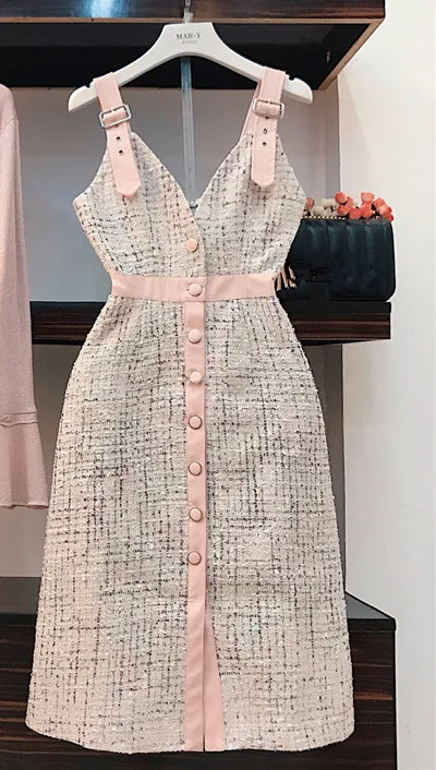 strap dress only Комплект из 2 предметов, женское платье, Осень-зима, брендовый женский розовый вязаный Топ с расклешенными рукавами+ однобортное клетчатое твидовое платье-комбинезон - Цвет: strap dress only