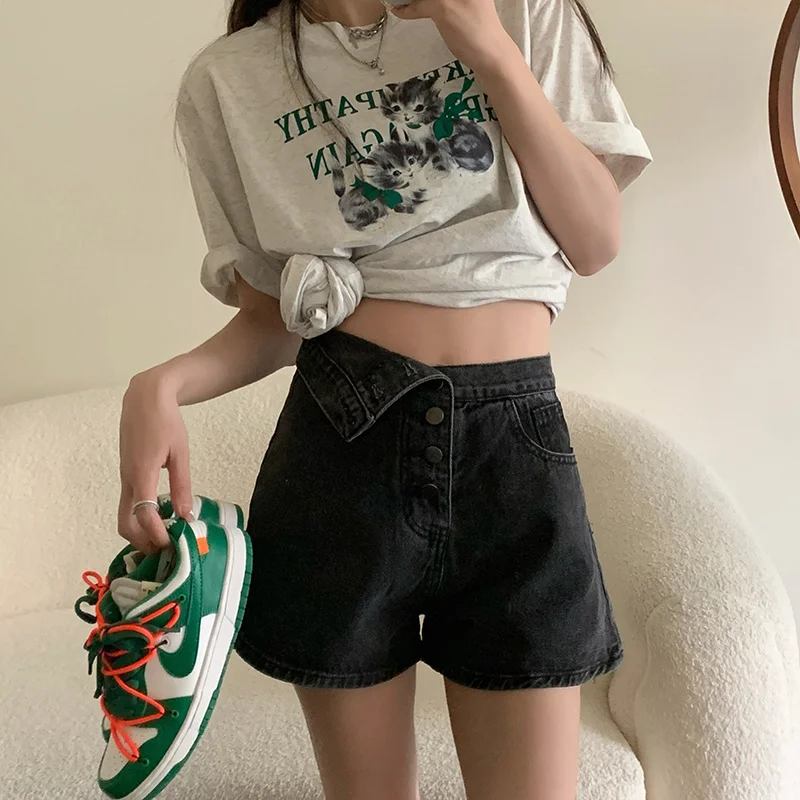 

Короткие женские джинсовые шорты с высокой талией по цене, женские узкие универсальные однобортные широкие брюки