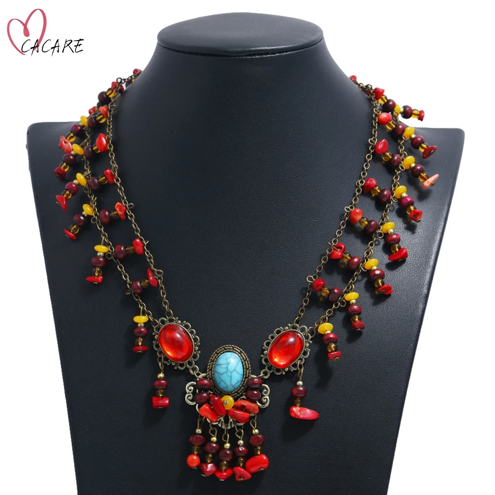 

Women Fashion Tassel Necklace Vintage Trendy Retro Necklaces Statement Women Pendant Beaded Chain Red F1195 CACARE