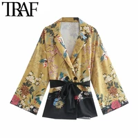 traf women fashion with belt crane floral print kimono blouses vintage long sleeve side vents female shirts chic tops
