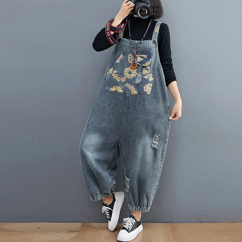 

Loose Oversized Printing Jeans Rompers Women's Jumpsuit Casual Streetwear Straight Wide Leg Denim Overalls Femme Baggy Bib Pants