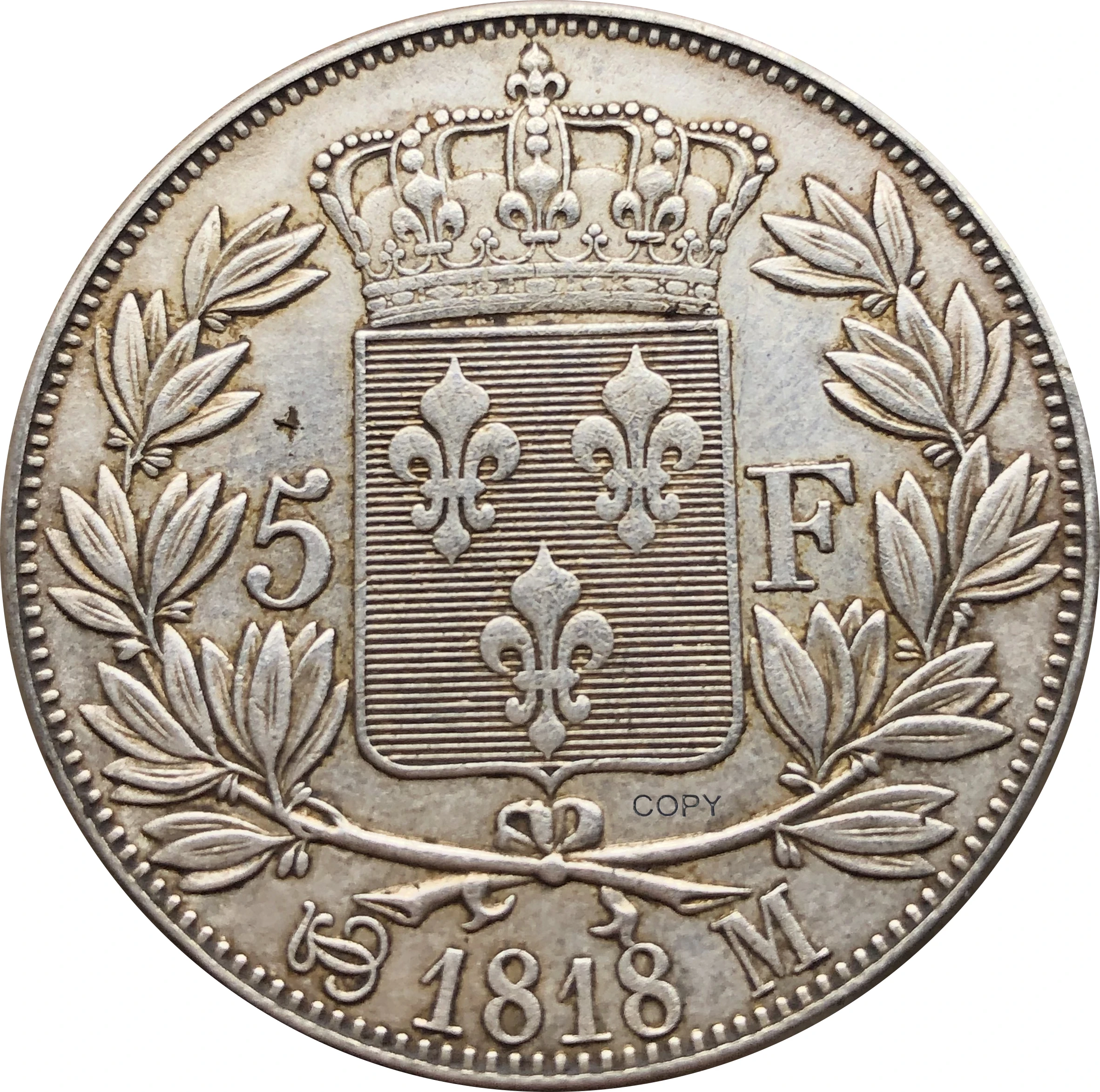Франция 1818 М 5 Франков Луи XVIII, с лицом, обращенным влево, 90% серебра, копия монеты Короля Франции, Бог спаси Короля, реплика монеты.