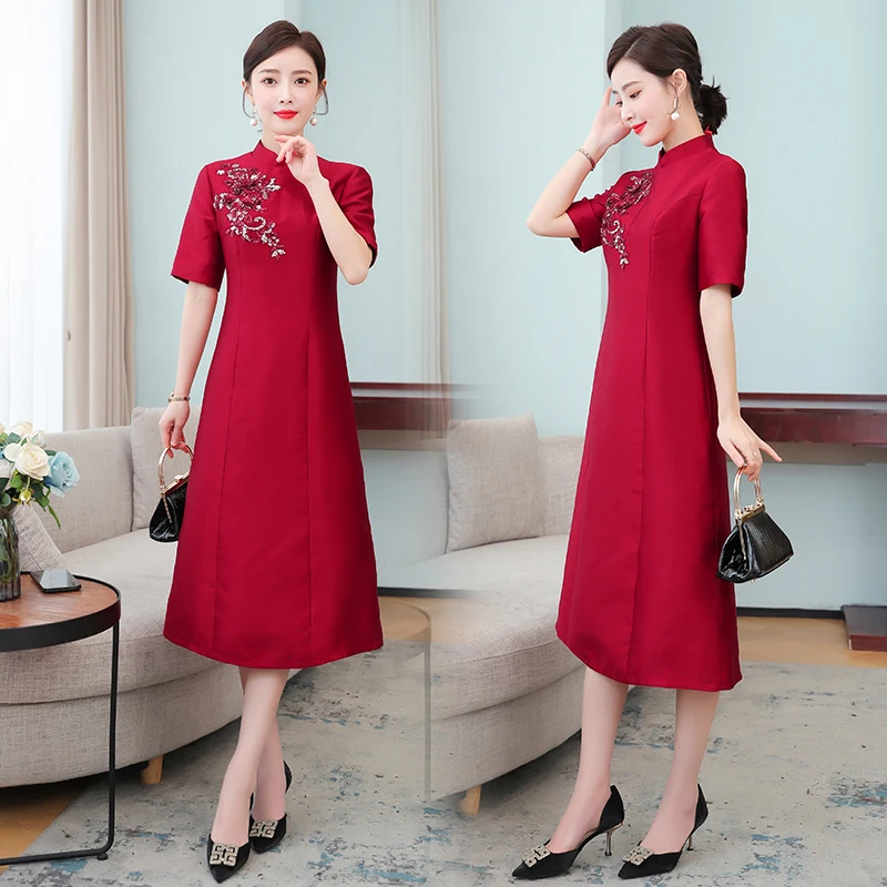 

COIGARSAM Women Dress Summer 2021 New Office Lady Cheongsam Short Sleeve Loose Stand Neck Wine Red Dresses Traf Vestidos Robe