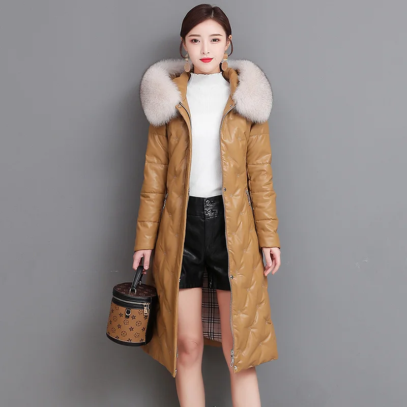 M-5XL New Sheep Leather Down Jacket Women Autumn Winter 2021 Fashion Fox Fur Collar Hooded Embroidery Slim Sheepskin Down Coat