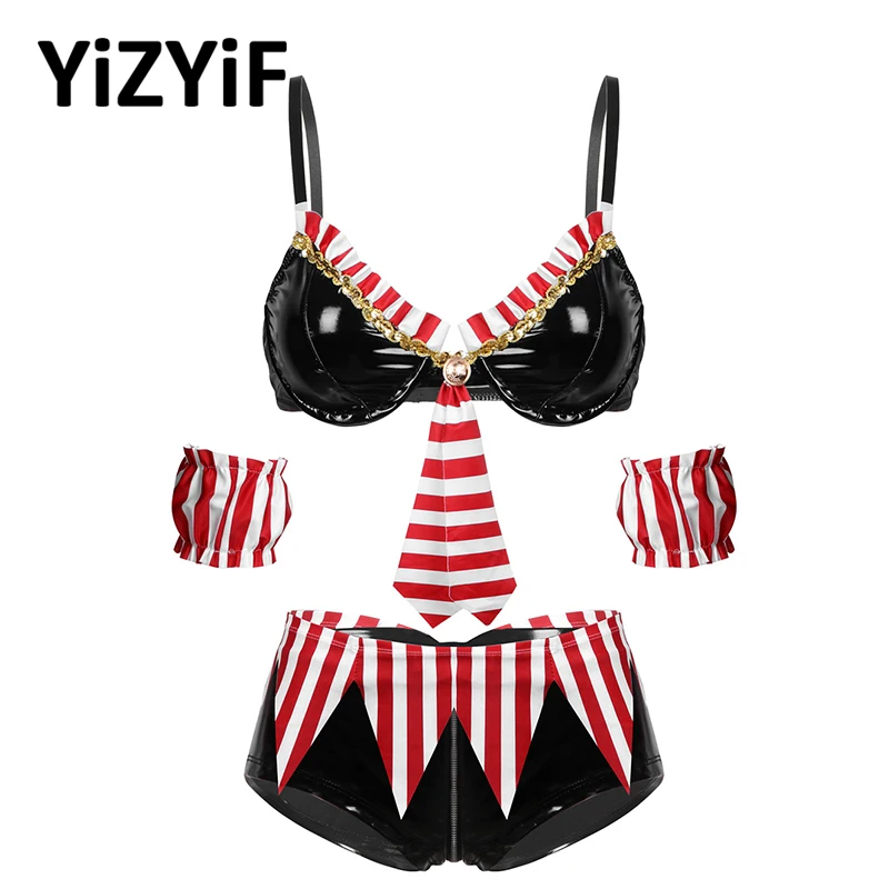 

4Pcs Womens Sexy Lingerie Set Erotic Wet Look Patent Leather Sailor Cosplay Costume Outfit Underwired Bra Top Zippered Panties