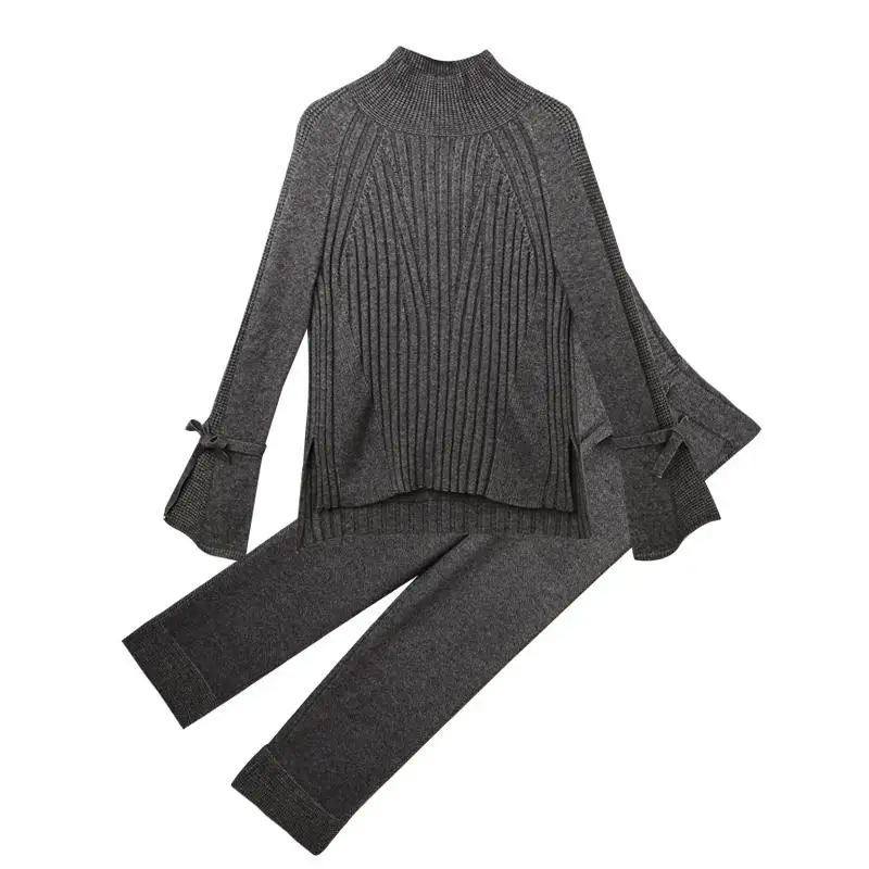 

2020 Fall Winter Knitted Sweater Pantsuit For Women 2 Piece Set Female Pullover Turtleneck Long Sleeve Tops+Long Pants Suit N206