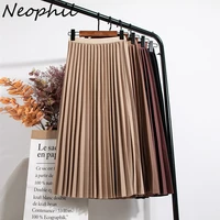 neophil 2022 summer ladies pleated midi skirt high waist vintage solid casual mid calf elastic black gray women longa saia s92d2
