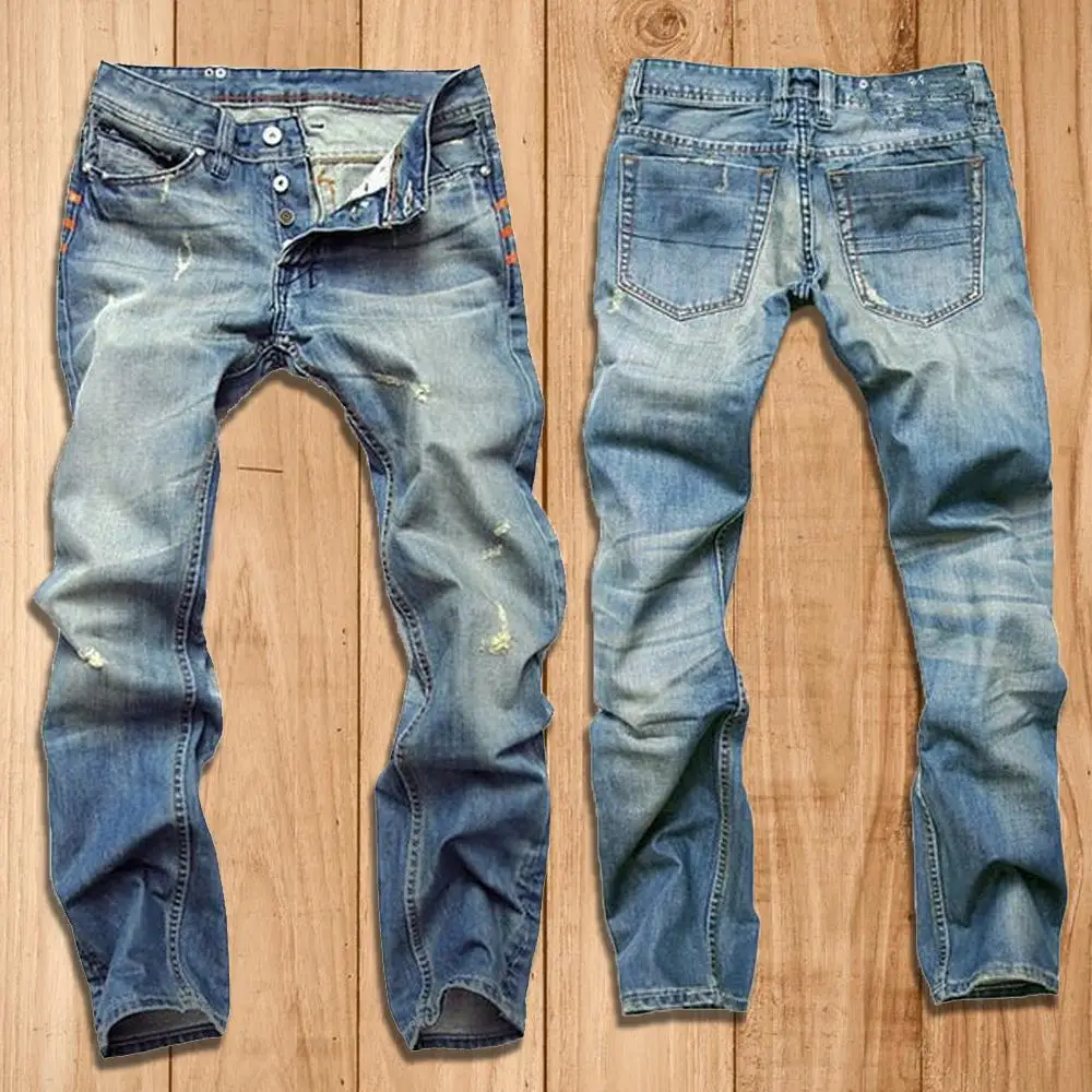 

Men's Hole-Breaking Locomotive Jeans Straight Trousers Male Distressed Denim Pants Biker Jeans