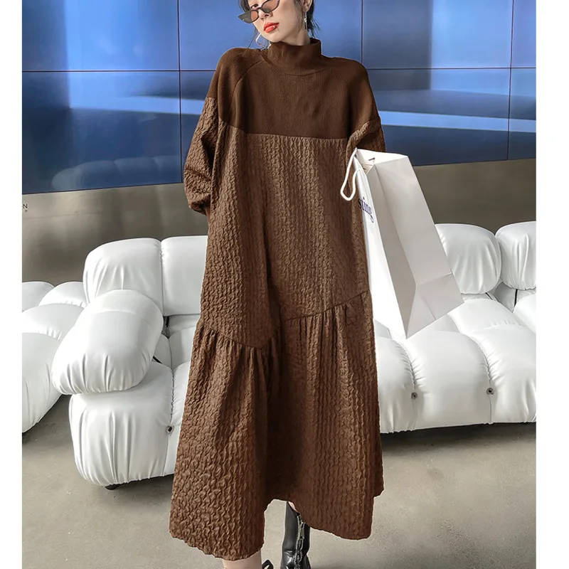 

XUXI Women Pullover Sweater Dress Fashion Knitting Splicing Long Sleeve Turtleneck Thin A-Line Skirt Autumn Winter 2021 E4364