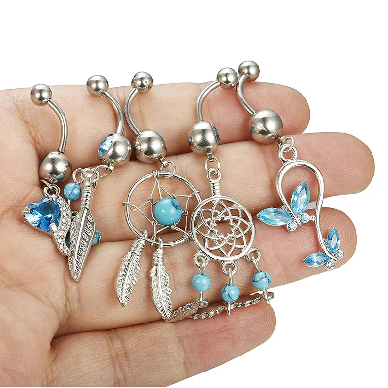

New 5Pcs/Set Stainless Steel Blue Crystal Dream Catcher Belly Button Ring Navel Piercing JewelryBody Jewelry