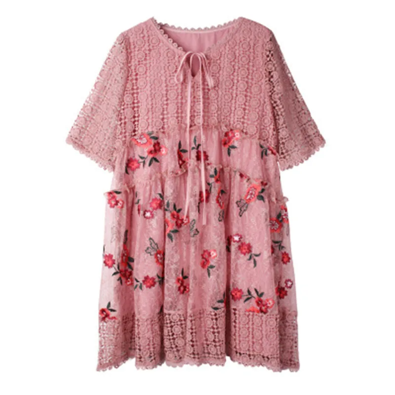 

Large size women's dress female summer new O-neck short-sleeved loose and comfortable hollow embroidery stitching lace dress