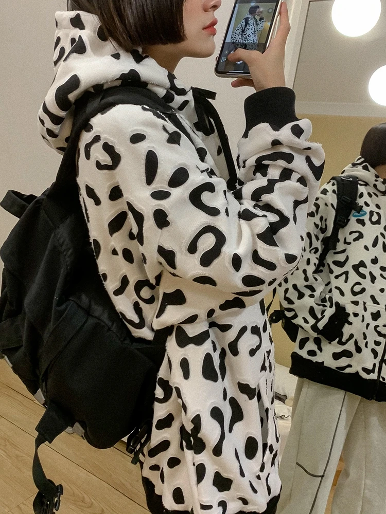 

Winter Jacket Women Leopard Men And Women Hooded Coat Fashion Causal Street Zipper Outerwear Loose Plus Size Top Streetwear