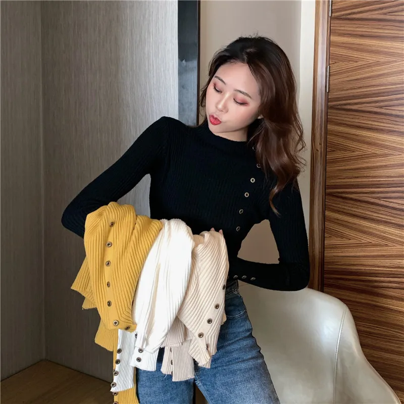 Осенне-зимний вязаный свитер с длинным рукавом и утолщенной базой приталенный в