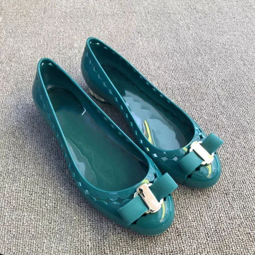 Dark Green Women Dress Shoes Peach Peacock Flats Metal Drop Shipping Hollow Out Slip On Jelly Round Toe Bow Breathable Cute Patent Leather - Цвет: Dark Green