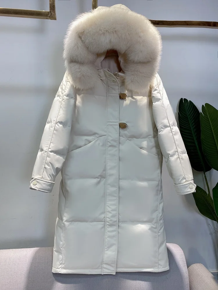2021 Womens Winter Korean Down Jacket Mid-Length Fashion Thin Big Fur Collar White Duck Thick Hooded Zipper Over-Knee Warm Coat enlarge