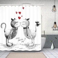 funny black white cat shower curtains sketch cats in love for happy valentines day polyester cloth animal red heart bath curtain