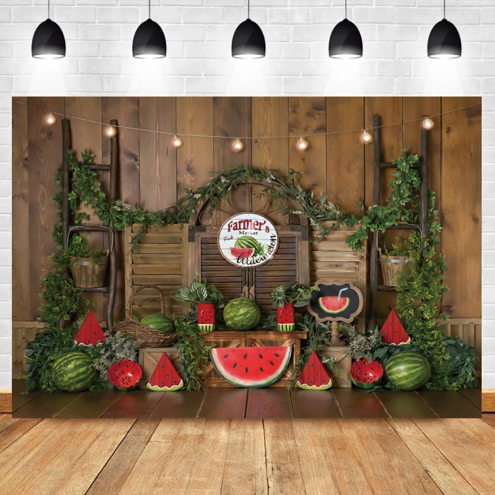 

Laeacco Summer Watermelon Store Farmer's Market Fruit Theme Birthday Party Baby Photo Backdrop Photography Background Photocall