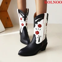 kolnoo handmade vintage ladies kitten heel boots twotones embroidery classic midcalf boots retro fashion daily wear winter shoes