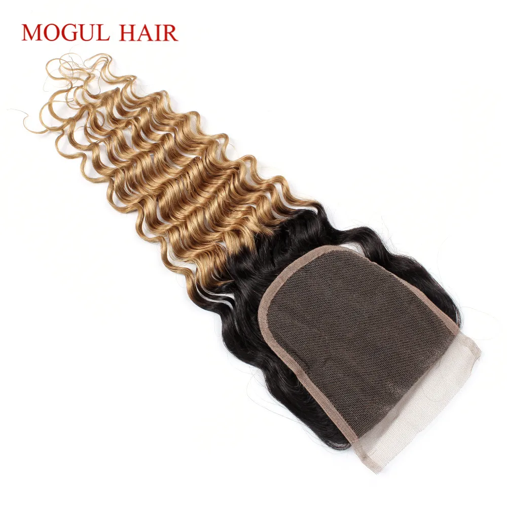 MOGUL HAIR Deep Wave 4*4 Lace Closure Natural Color 2 Color 4 Dark Brown 1B 27 Ombre Honey Blonde Indian Non Remy Human Hair