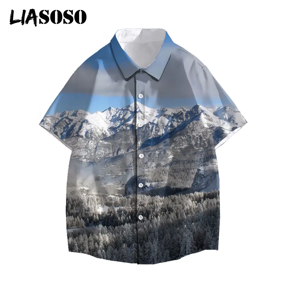 

LIASOSO Summer Men Women Casual Shirts Fashion Short-Sleeve Shirts Holiday Streetwear Beautiful Snow Mountain Tops 3D Print