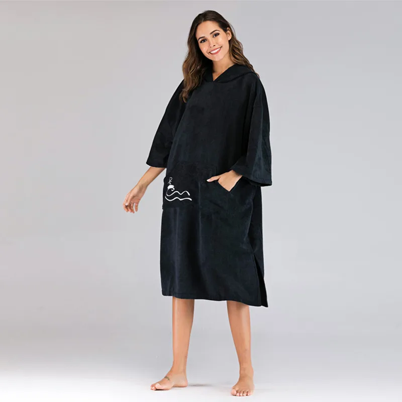 

Beach Mood Solid Color Changing Robe Surf Poncho Towel Wet Hooded Cloak Beach Dress for Adult 110X75Cm with Embroidery